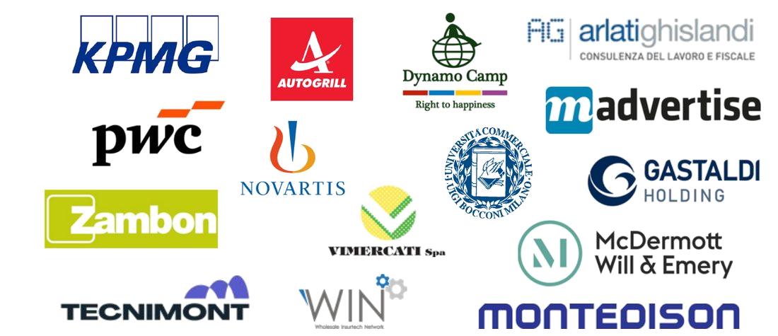 Loghi delle aziende partner di eSpeak: KPMG, PwC, Novartis, Zambon, Autogrill, Dynamo Camp, Tecnimont, Montedison e altri