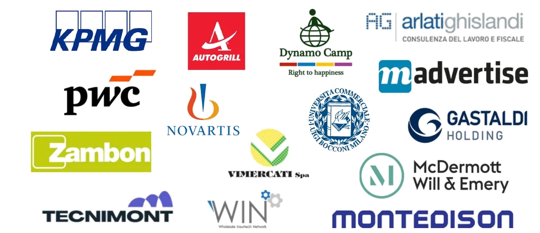 Loghi delle aziende partner di eSpeak: KPMG, PwC, Novartis, Zambon, Autogrill, Dynamo Camp, Tecnimont, Montedison e altri